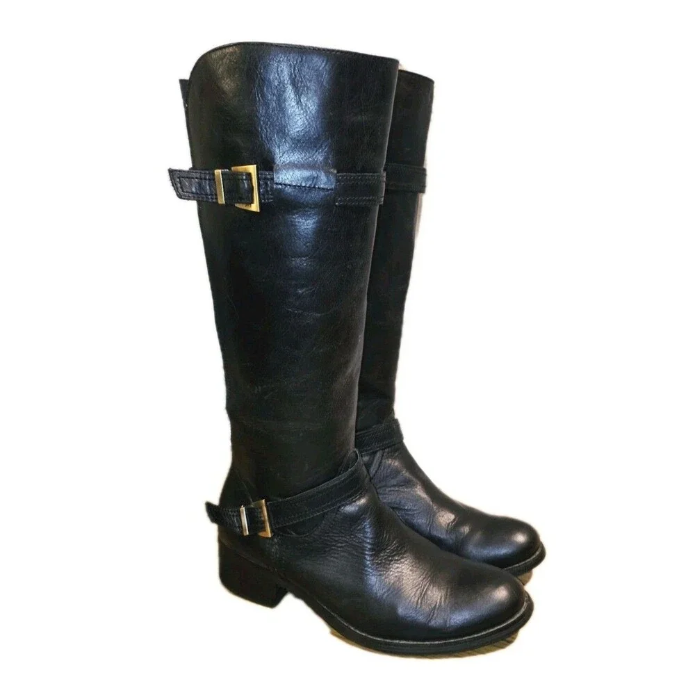 CHOCOLAT BLU NESSA 9 Blk Leather Buckle Zip Tall Stretch Calf Heel Riding Boots